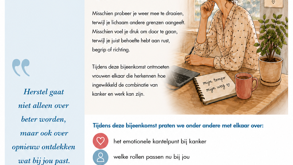 Flyer lotgenotenbijeenkomst vrouw, kanker en werk
